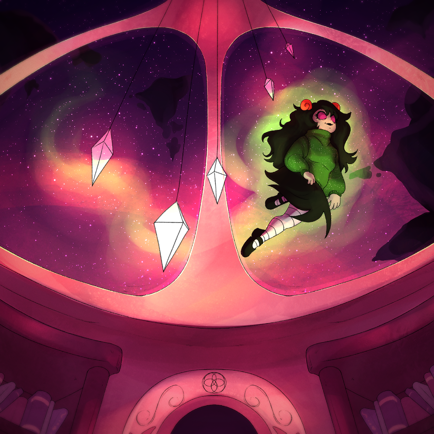 Inside of an observatory with a glass ceiling, looking upwards. The room is lit by crystals hanging from the ceiling. Stars are visible outsite. Albion Shukra (from Vast Error) is seen floating on the other side of the glass.