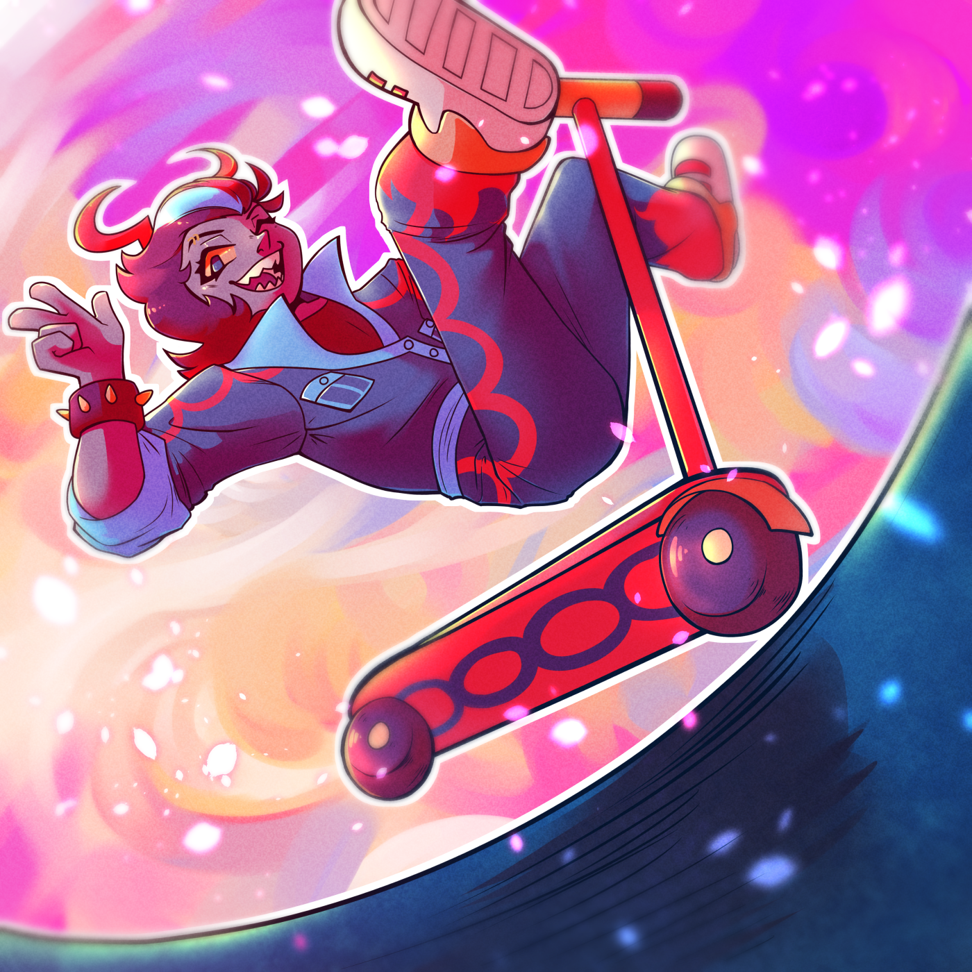 Turnin Kaikai (from Vast Error) riding on a scooter. They are clearly falling off, as they hold up a peace sign.
