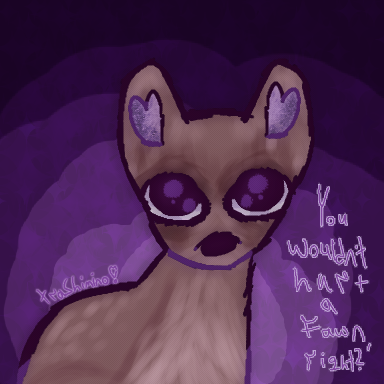 cccctober (2024) day 2; prey. it's a small deer looking at the viewer with purple eyes. some purple text to the side reads "YOU WOULDN'T HURT A FAWN, RIGHT?".
