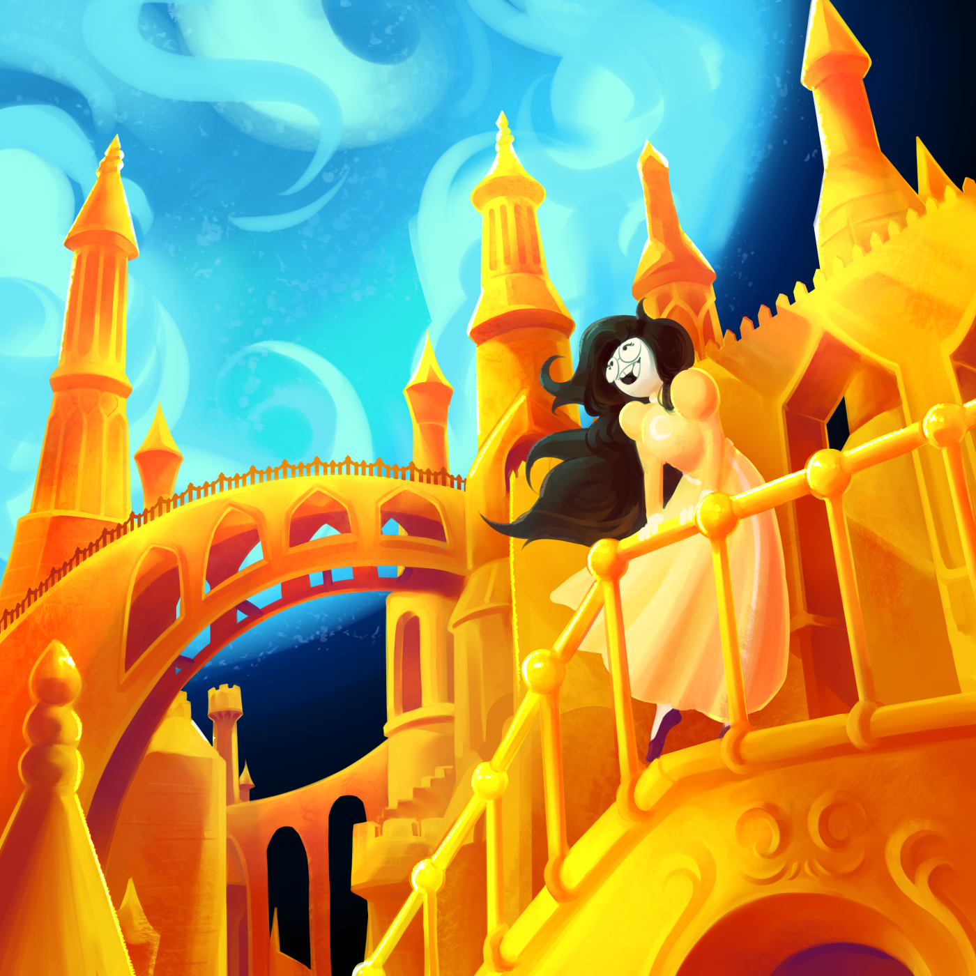 Jade, on the surface of Prospit, in her dreamer outfit. Skaia is visible in the background. She has a smile on her face as wind blows through her hair.