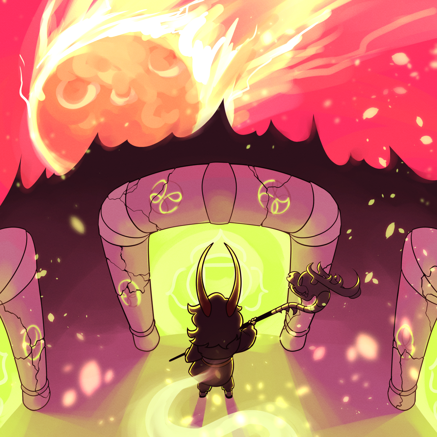 Ellsee Raines (Vast Error), standing in front of a series of portals, holding a staff. A green, wispy trail leads her to the portal in front of her. The sky above is red, dominated by a large, flaming meteor descending over the scene.